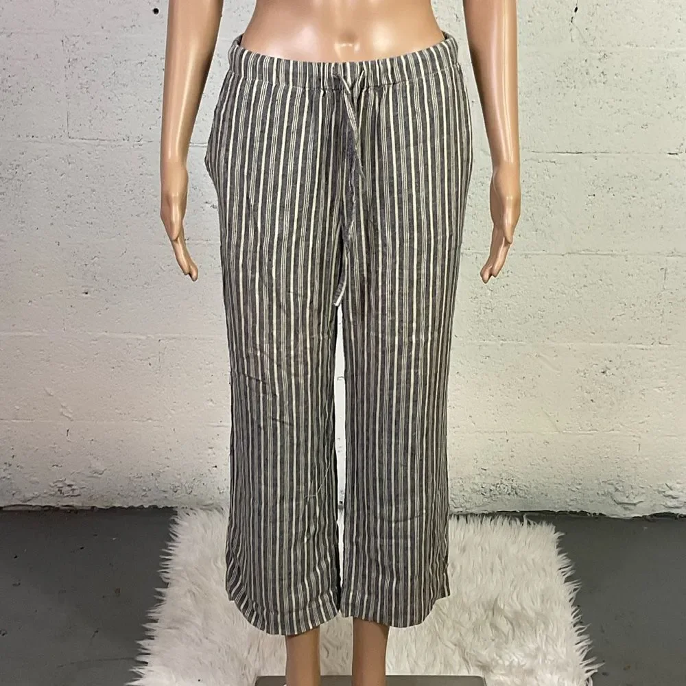 Urban Outfitters Y2K Stripes Blue Linen Drawstring Pull On Cropped Pants S